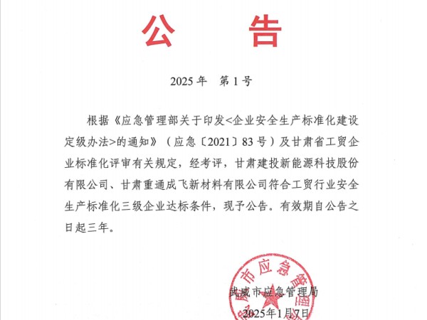 甘肅建投新能源公司再獲“安全生產(chǎn)標(biāo)準(zhǔn)化三級企業(yè)”